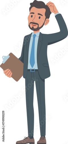 Confused businessman holding clipboard, thoughtful male employee scratching head, corporate decision-making problem, office management confusion, professional stress concept illustration