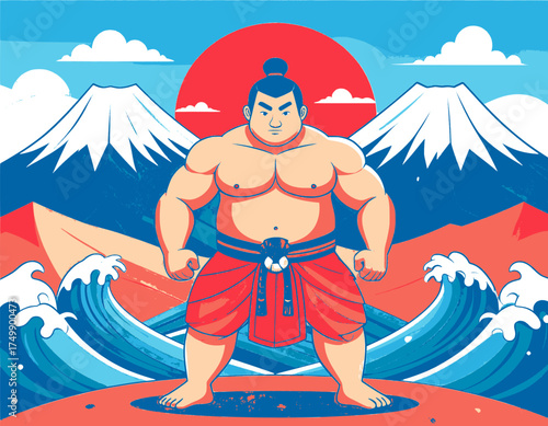 Modern Vector Illustration of Sumo Wrestler with Mount Fuji and Rising Sun Background.