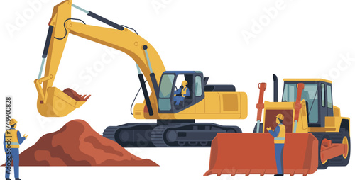 Construction site heavy machinery equipment, excavator and bulldozer with workers operating, earthmoving vehicles digging soil, industrial engineering work concept, safety teamwork