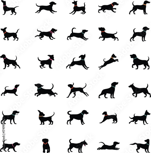 Dog silhouettes collection, black pet vector set, playful puppy poses, domestic animal illustration, canine icons for design, logo, and decoration.