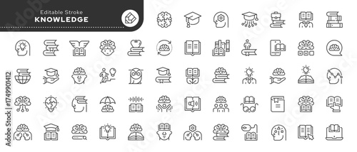 Knowledge line icon set. Cognition, education, studying, book, intelligence, brain, e- learning, learn, read, think and more. Outline icon in linear style. Vector collection.	