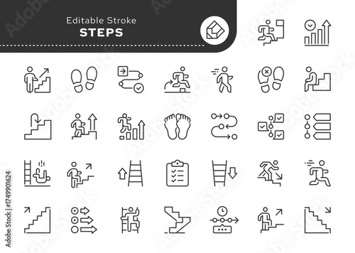 Steps line icon set. Ladder, shoe print, footprint, walk, run, stp over, stepping, upstairs, downstairs, stairs and more. Outline icon in linear style. Vector collection.