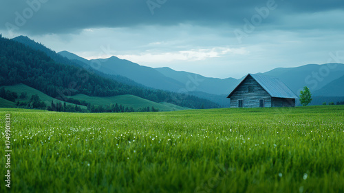 Serene landscape featuring rustic wooden barn surrounded by lush green fields and distant mountains under cloudy sky