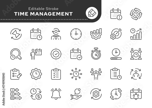 Time management line icon set. Manage time, planner, timer, schedule, to-do list, task, reminder, deadline, calendar and more . Outline icon in linear style. Vector collection.	