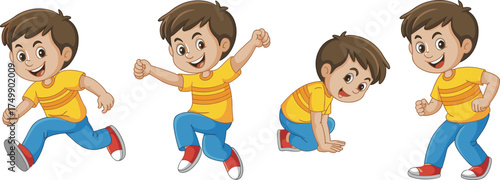 Happy cartoon boy running and jumping, active child in yellow shirt and blue pants, fun kids activity illustration design
