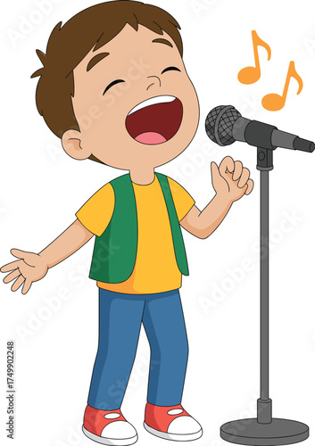 Happy cartoon boy singing on stage, holding microphone, performing music, joyful child singer illustration, kids talent show and entertainment concept