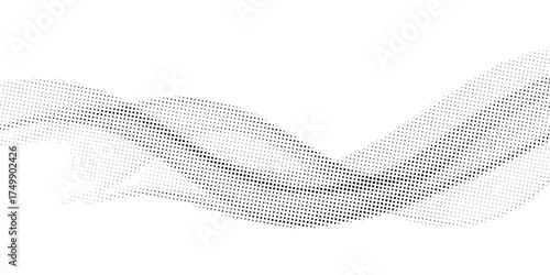 Flowing dots particles wave pattern 3D curve halftone black gradient curve shape isolated on white background. Vector in concept of technology, science, music, modern