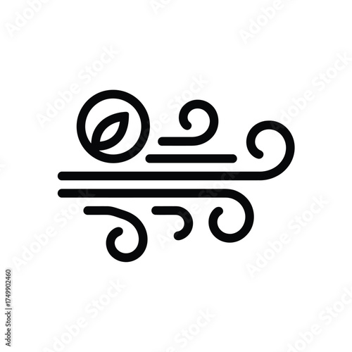 Stylized black line art icon representing wind blowing with a leaf and swirls
