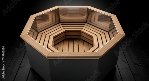 Octagonal wooden sauna bench with hexagonal inner seat, set against dark wood floor. Warm, minimalist aesthetic. Ideal for wellness, spa, or interior design concepts. Clean 3D render.