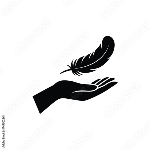Silhouette of a hand gently holding a delicate feather in a minimalist design