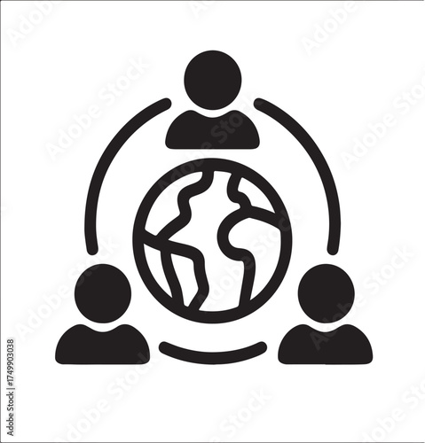 Global Teamwork: A minimalist graphic symbolizes global collaboration. Three figures converge around the world, representing unity, connection, and global cooperation.