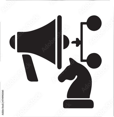 Strategic Communication: An illustration of a black megaphone directing its message towards a chess knight, symbolizing strategic communication and planning in business or marketing.