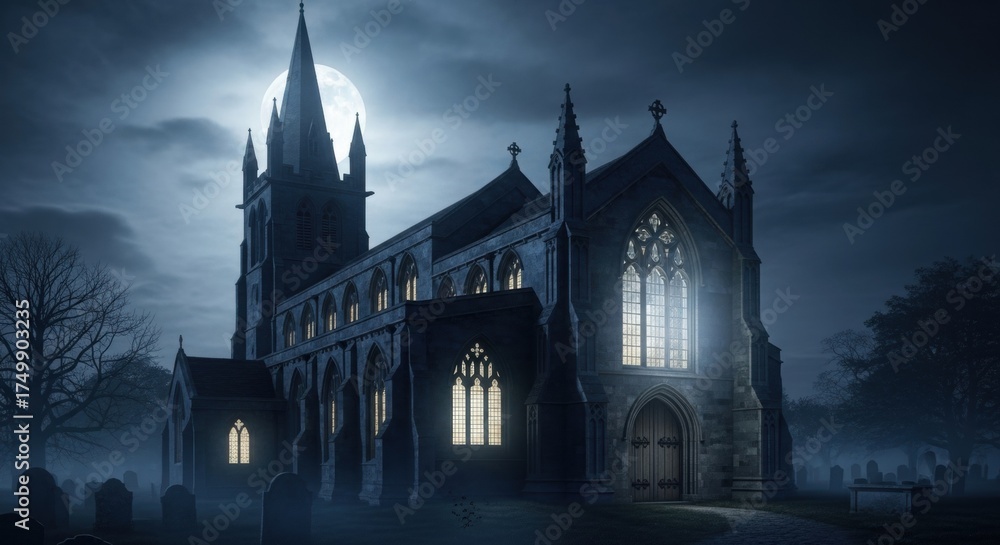 Fototapeta premium Gothic Church Under Moonlight: Eerie Night Scene with Cemetery and Towering Spire