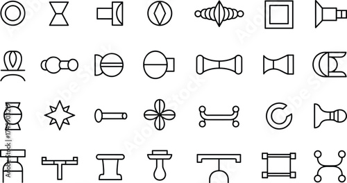 Minimalist metal rod finial icons collection, modern curtain rod end designs, decorative vector line art set, home interior accessory symbols