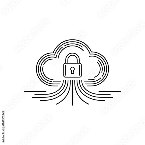 Secure cloud computing icon with padlock and data streams