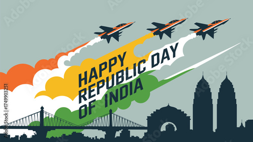 Celebrate India Republic Day with vibrant jets soaring over the city skyline in patriotic colors, a stunning tribute to national pride and unity