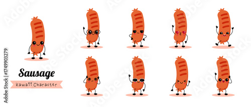 Funny kawaii sausage characters in cartoon style