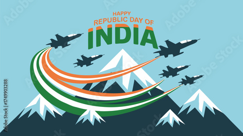 Celebrate India's Republic Day with a dynamic display of fighter jets over majestic mountains in a vibrant, patriotic tribute to the nation