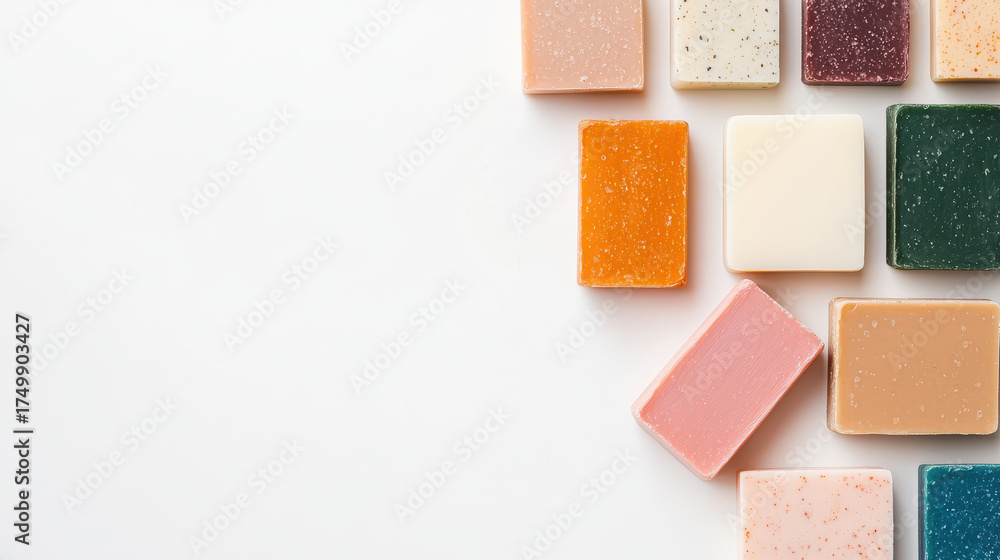 Fototapeta premium Colorful soap bars arranged neatly white background create vibrant and inviting display. variety of colors and textures adds playful touch to any