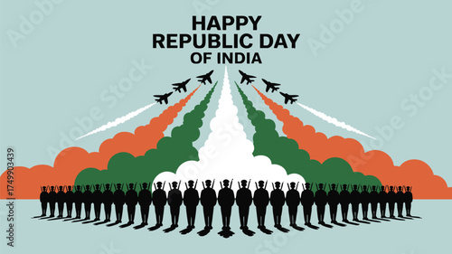 Celebrate India's Republic Day with soaring jets and proud soldiers, a powerful patriotic symbol for national pride and unity, perfect for festive greetings