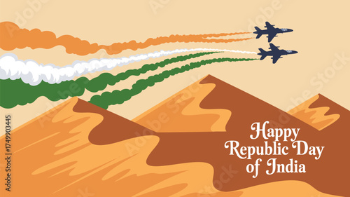 Celebrate India Republic Day with a vibrant, illustrated design of jets soaring over majestic dunes, perfect for festive greetings and national pride messages
