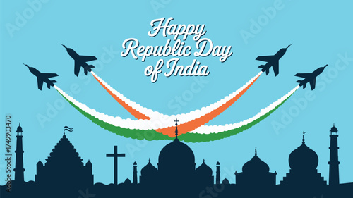 Celebrate India's Republic Day with a stunning display of jets leaving trails of saffron, white, and green over iconic architecture and landmarks
