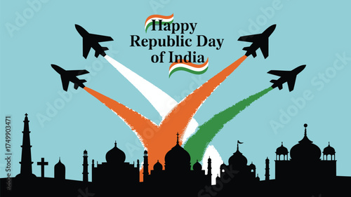 Celebrate India's Republic Day with a vibrant patriotic display of jets and iconic architecture, perfect for event promotions and cultural celebrations