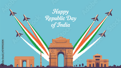Celebrate India's Republic Day with vibrant jets soaring over iconic monuments, symbolizing national pride and freedom in a festive tribute