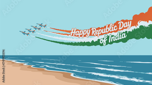 Celebrate India's Republic Day with a vibrant seaside airshow spectacle, a tribute to freedom and national pride perfect for holiday greetings and festive designs