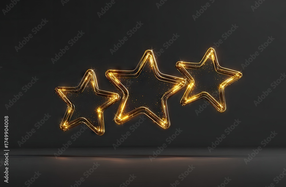 Obraz premium Three golden stars with shiny outline, set against a dark grey background and reflected glow