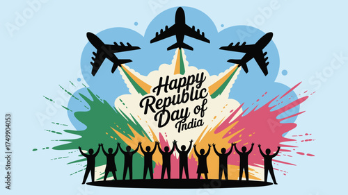 Celebrate India's Republic Day with vibrant jets and joyful crowds, a dynamic display of national pride and unity, perfect for greetings and festive designs