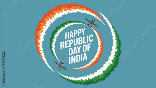Celebrate India Republic Day with a vibrant display of airplanes creating tricolor smoke trails in a patriotic and festive design, perfect for greetings