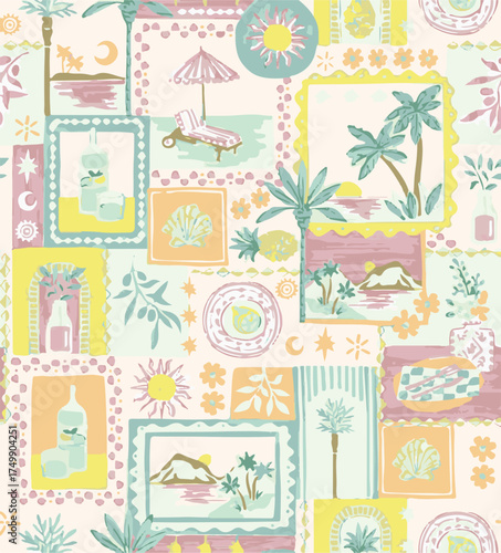 Summer coquette berry and fruits seamless pattern. Preppy wallpaper, hand drawn ribbons and bows patchwork print. Garden vector illustration, checkered romantic background, textile design, plaid.
