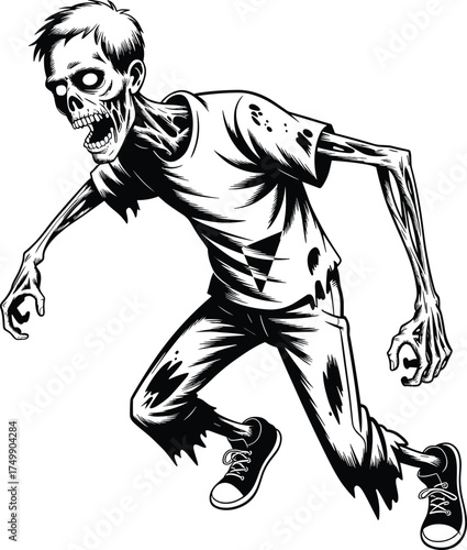 Scary zombie illustration in black and white, creepy undead monster artwork, horror cartoon design, walking dead character for Halloween theme vector