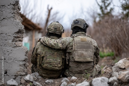 Two soldiers embracing in a moment of camaraderie amidst a war-torn landscape. They are wearing military gear, symbolizing their dedication and the challenges they face
