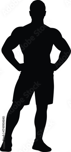Silhouette of muscular man standing confidently with hands on hips, strong athletic bodybuilder pose, power, fitness, health, motivation concept