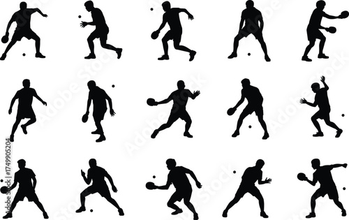 Silhouette table tennis players in various action poses, ping pong athlete movements, sport training concept, fitness energy, competition and recreation illustration