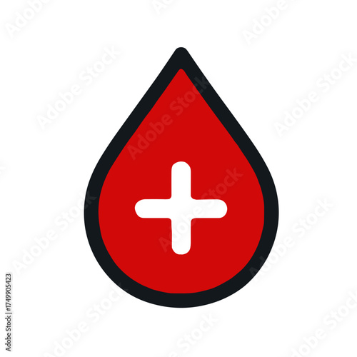 Red blood drop icon with medical cross symbol for health and donation concept on transparent background 