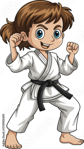 Smiling cartoon girl practicing karate, martial arts pose with black belt, confident child athlete illustration, kids self defense training concept