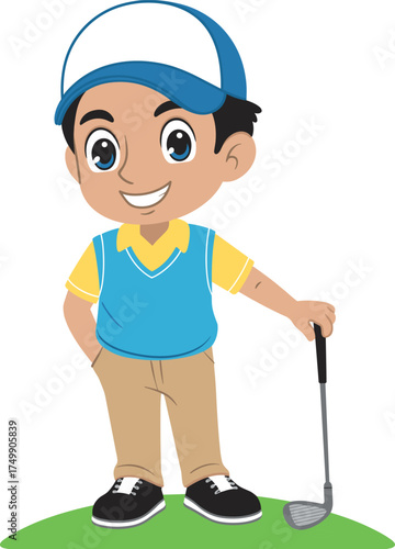 Smiling cartoon boy playing golf, young golfer holding club on green field, sports activity illustration, kids outdoor game concept