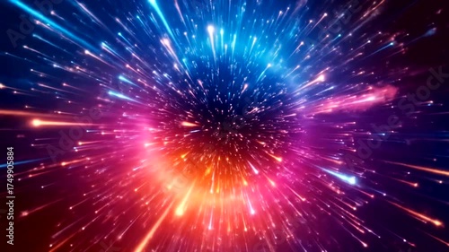 Exploding colorful particles creating a cosmic or energetic burst effect.