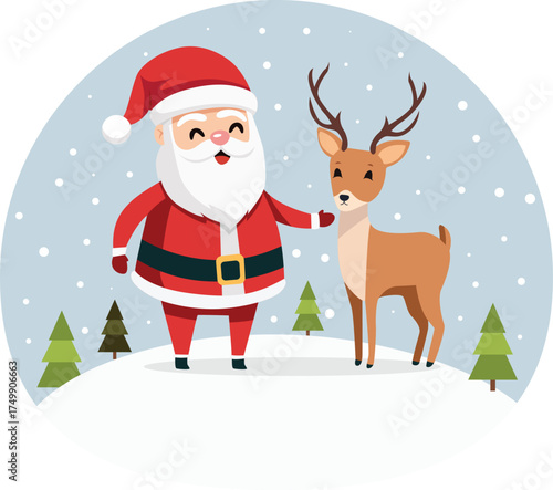 Cartoon illustration of Santa Claus gently touching a reindeer in a snowy winter landscape with evergreen trees and falling snow.
