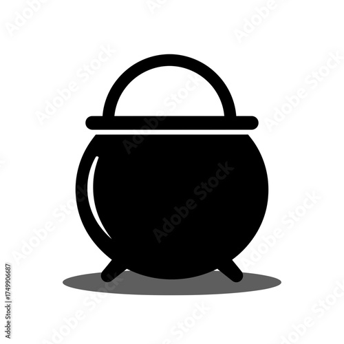 Black cauldron with handle and legs isolated on white background.