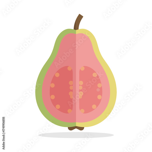 A vibrant illustration of a halved guava fruit showcasing its pink flesh and seeds.