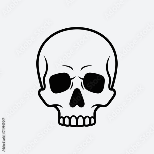 Skull illustration with black eye sockets and teeth on a light background.