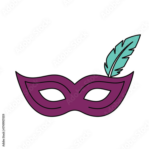 Purple mask with a teal feather isolated on white background.