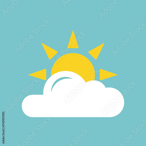 Sun peeking through clouds in a blue sky weather illustration.