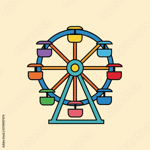 Ferris wheel illustration with colorful passenger cars on a light background.