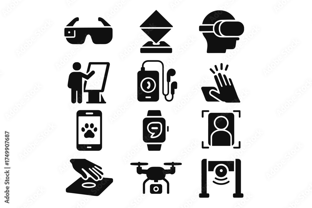 Fototapeta premium Vector gate icons zoo ar headset smart drone app interactive icon augmented