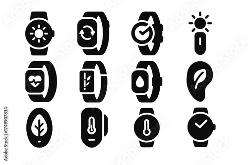 Smartwatch icon skin fitness solar tech eco comfort wearable earpiece vector tracker